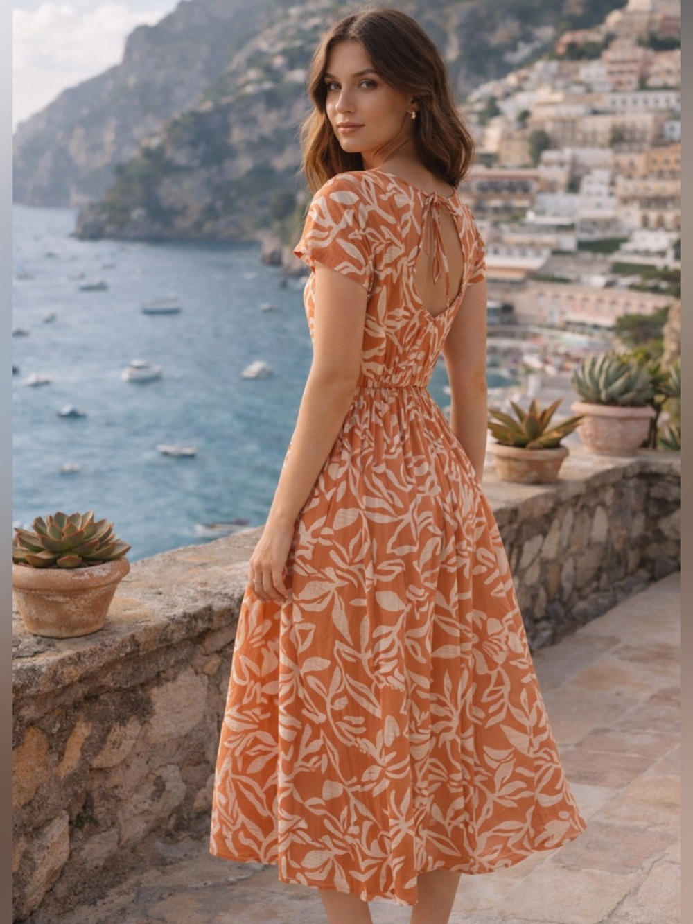 Women's V-Neck Orange Leaf Print Midi Dress - Picture 2 of 9